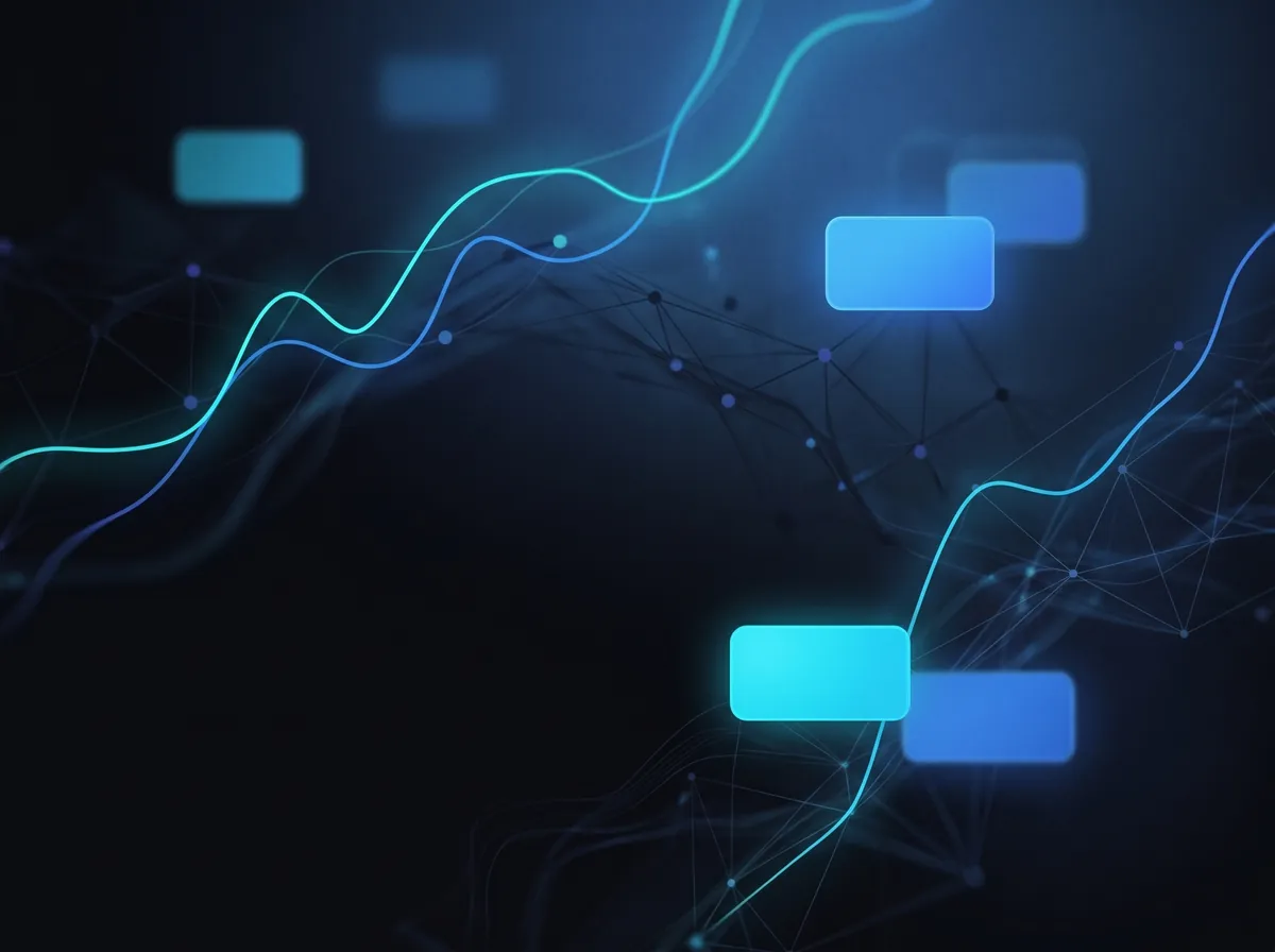 Abstract visualization of AI agent observability — flowing data pipelines and live metrics